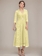 A-line V-Neck Tea-Length Chiffon Mother of the Bride Dress