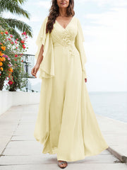 A-Line V-Neck Floor-Length Chiffon Mother Of The Bride Dresses With Appliques Lace