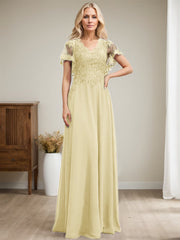 A-line V-Neck Floor-Length Lace Chiffon Mother of the Bride Dress With Sequins