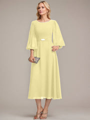 A-line Scoop Tea-Length Chiffon Mother of the Bride Dress With Crystal Brooch Pleated
