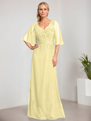 A-line V-Neck Floor-Length Lace Chiffon Mother of the Bride Dress With Sequins Beading