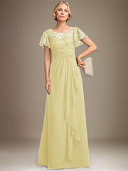 A-line Asymmetrical Illusion Floor-Length Lace Chiffon Mother of the Bride Dress With Cascading Ruffles Sequins