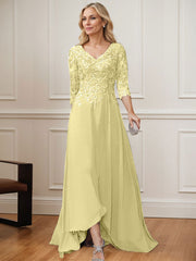A-Line V-Neck 3/4 Sleeves Chiffon Mother Of The Bride Dresses With Lace