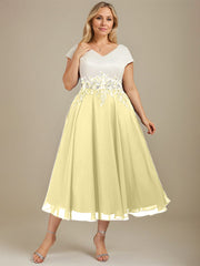A-line V-Neck Tea-Length Satin Chiffon Mother of the Bride Dress With Appliques Lace