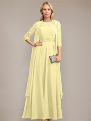 A-line Scoop Illusion Floor-Length Lace Chiffon Mother of the Bride Dress With Pleated