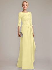 A-line Scoop Illusion Floor-Length Chiffon Lace Mother of the Bride Dress With Beading Sequins Cascading Ruffles
