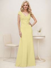 A-Line V-Neck Sweep Train Elastic Mother Of The Bride Dresses With Lace