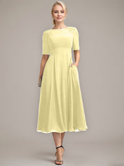 A-line Scoop Tea-Length Chiffon Mother of the Bride Dress With Appliques Lace Sequins