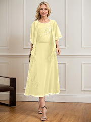 A-line Scoop Tea-Length Lace Chiffon Mother of the Bride Dress With Sequins