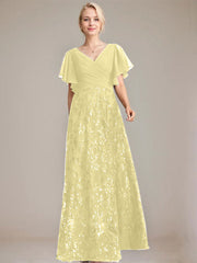 A-line V-Neck Floor-Length Lace Sequin Chiffon Mother of the Bride Dress With Pleated
