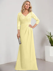 Sheath/Column V-Neck Illusion Floor-Length Lace Chiffon Mother of the Bride Dress With Pleated Sequins