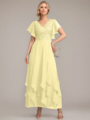 A-line V-Neck Ankle-Length Lace Chiffon Mother of the Bride Dress With Cascading Ruffles