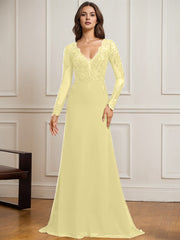 Sheath/Column V-Neck Detachable Sweep Train Lace Tulle Chiffon Mother of the Bride Dress With Sequins