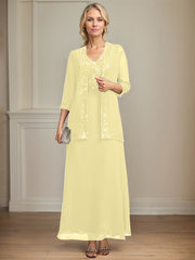 A-line V-Neck Ankle-Length Lace Sequin Chiffon Mother of the Bride Dress