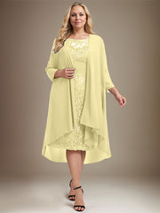 Sheath/Column Scoop Illusion Knee-Length Lace Chiffon Mother of the Bride Dress With Cascading Ruffles Sequins
