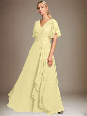 A-line V-Neck Floor-Length Lace Chiffon Mother of the Bride Dress With Cascading Ruffles Sequins