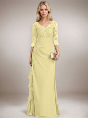 A-line V-Neck Floor-Length Lace Chiffon Mother of the Bride Dress With Cascading Ruffles