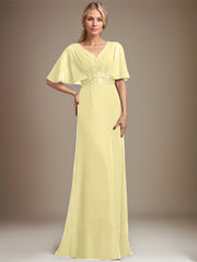 A-line V-Neck Floor-Length Chiffon Mother of the Bride Dress With Sequins Appliques Lace Pleated
