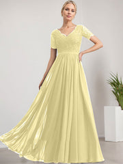 A-line V-Neck Floor-Length Lace Chiffon Mother of the Bride Dress