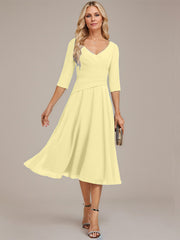 A-line V-Neck Tea-Length Chiffon Mother of the Bride Dress With Pleated
