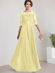 A-line Scoop Illusion Floor-Length Lace Chiffon Mother of the Bride Dress With Pleated Sequins