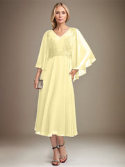 A-line V-Neck Tea-Length Chiffon Lace Mother of the Bride Dress With Sequins Beading