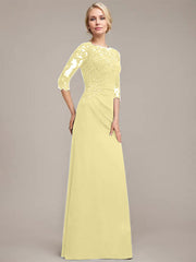 A-line Scoop Floor-Length Chiffon Lace Mother of the Bride Dress With Sequins Beading Pleated