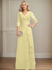 A-line Collared V-Neck Floor-Length Lace Chiffon Mother of the Bride Dress With Sequins Cascading Ruffles