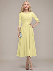 A-line Scoop Illusion Tea-Length Chiffon Lace Mother of the Bride Dress With Sequins Beading