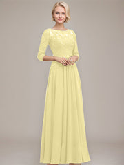 A-line Boat Neck Illusion Floor-Length Chiffon Lace Mother of the Bride Dress With Sequins Beading
