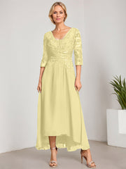 A-line V-Neck Asymmetrical Chiffon Lace Mother of the Bride Dress With Pleated Beading