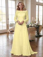 A-line Bateau Long Sleeves Appliques Lace Sweep Train Chiffon Mother of the Bride Dres