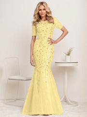 Floral Sequin Print Maxi Long Fishtail Tulle Mother Of The Bride Dresses