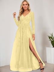 A-line V-Neck Floor-Length Tulle Prom Dresses With Sequins Appliques Lace Beading