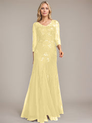 Trumpet/Mermaid Illusion V-Neck Floor-Length Tulle Sequin Lace Mother of the Bride Dress