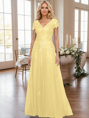 A-Line V-Neck Short Sleeves Sweep Train Lace/Tulle Mother Of The Bride Dresses