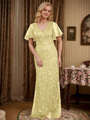 Sheath V-neck Short Sleeves Floor-Length Lace Mother of the Bride Dress