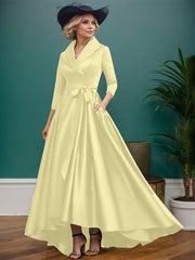 A-Line V-Neck 3/4 Sleeves Satin Mother Of The Bride Dresses With Pockets