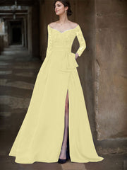 A-Line Off-The-Shoulder 3/4 Sleeves Sweep Train Lace/Satin Mother Of The Bride Dresses With Split Front