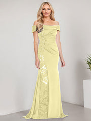 A-Line Off the Shoulder Floor-Length Chiffon Mother of the Bride Dress Applique Beadings Mermaid Dress With  High Split