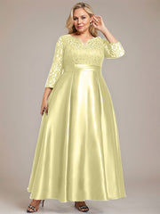 A-line V-Neck Ankle-Length Lace Satin Mother of the Bride Dress With Rhinestone