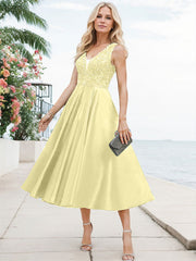 A-Line V-Neck Sleeveless Tea-Length Satin Mother Of The Bride Dresses With Lace