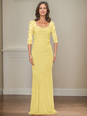 Sheath/Column Square Neckline 3/4 Sleeves Floor-Length Jersey Mother Of The Bride Dresses With Lace