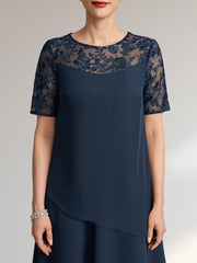 A-line Scoop Illusion Knee-Length Lace Chiffon Mother of the Bride Dress With Sequins