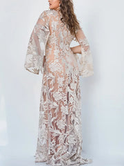 V-Neck Mesh Lace Maxi Dress