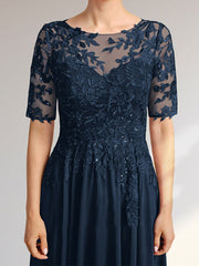 A-line Scoop Illusion Asymmetrical Chiffon Lace Mother of the Bride Dress With Sequins