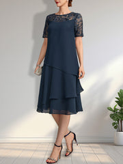 A-line Scoop Illusion Knee-Length Lace Chiffon Mother of the Bride Dress With Sequins