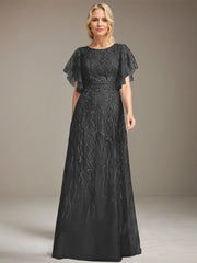 A-line Illusion Scoop Floor-Length Lace Mother of the Bride Dress With Sequins