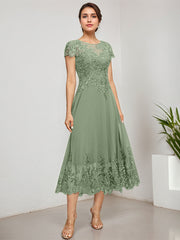 A-line Scoop Illusion Tea-Length Lace Chiffon Mother of the Bride Dress With Sequins