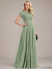 A-line Scoop Illusion Floor-Length Lace Chiffon Mother of the Bride Dress
